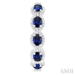 4X3 MM Oval Cut Sapphire and 1/2 Ctw Round Cut Diamond Halo Precious Hoop Earring in 14K White Gold