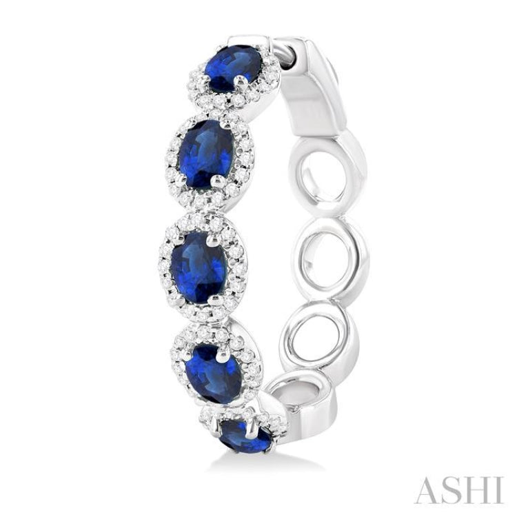 4X3 MM Oval Cut Sapphire and 1/2 Ctw Round Cut Diamond Halo Precious Hoop Earring in 14K White Gold
