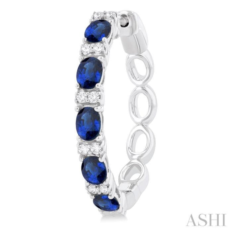 4X3 MM Oval Cut Sapphire and 1/4 Ctw Round Cut Diamond Precious Hoop Earring in 14K White Gold