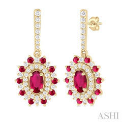 5x3 MM Oval Cut & 1.45 MM Round Cut Ruby and 1/3 Ctw Round Cut Diamond Precious Earring in 14K Yellow Gold