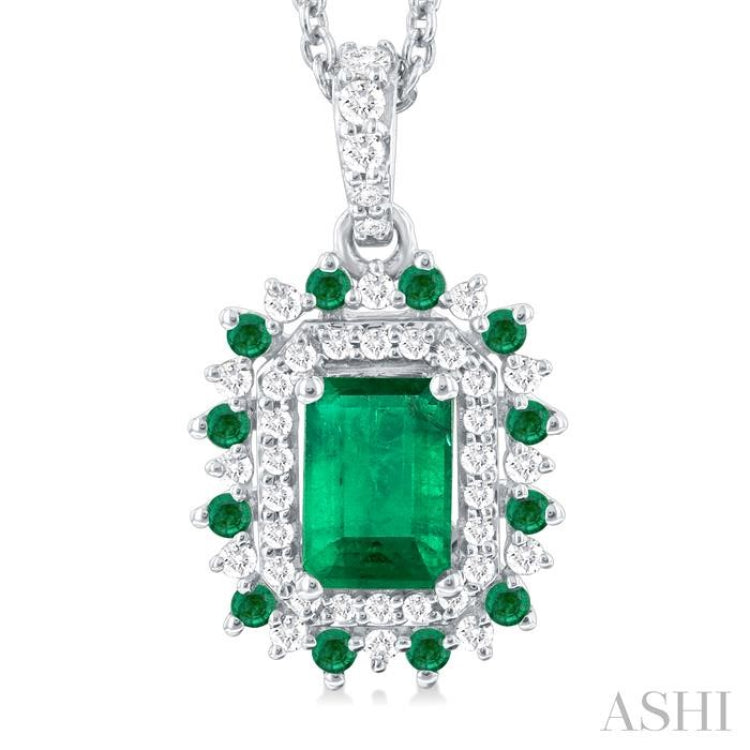 6X4 MM Emerald Cut & 1.55 MM Round Cut Emerald and 1/5 Ctw Round Cut Diamond Floral Precious Pendant With Chain in 14K White Gold