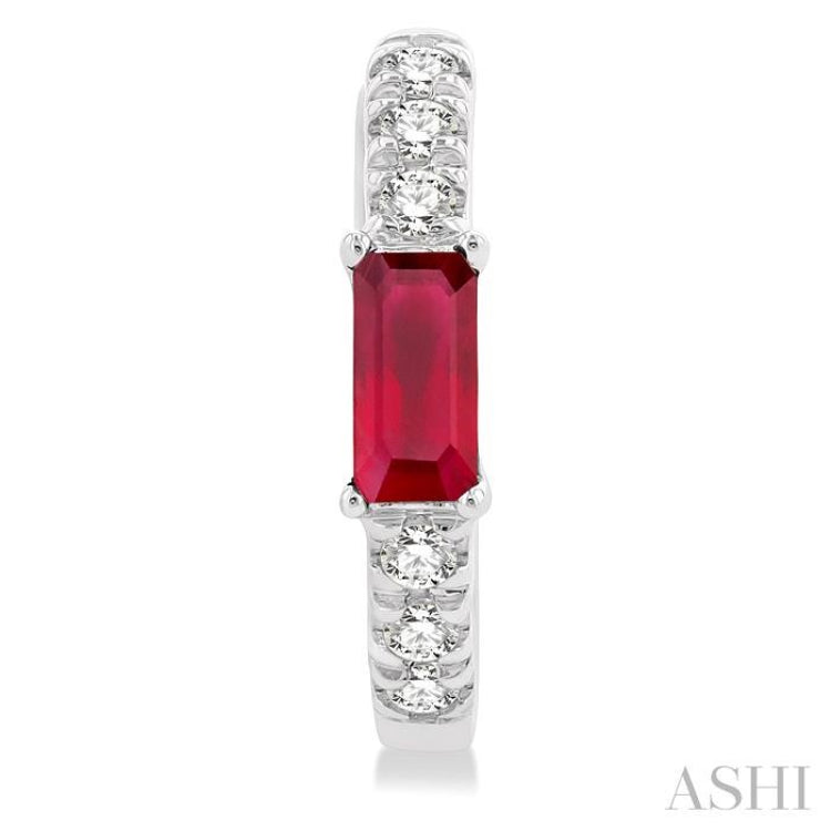 4X2 MM Baguette Cut Ruby and 1/8 Ctw Petite Round Cut Diamond Fashion Huggies in 10K White Gold
