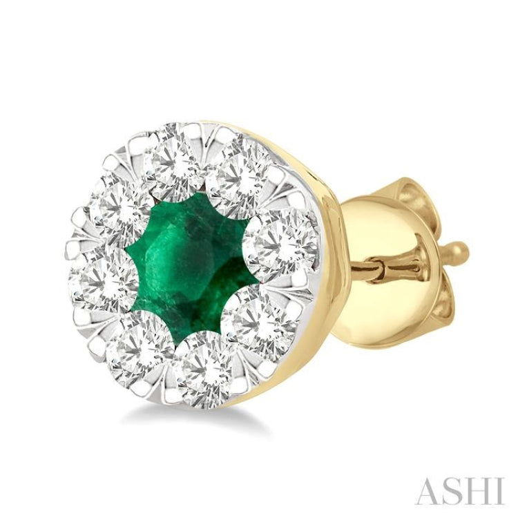 3.3 MM Emerald and 1/2 Ctw Round Cut Diamond Lovebright Precious Stud Earrings in 14K Yellow & White Gold