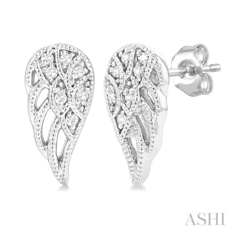 1/20 Ctw Petite Angel Wings Round Cut Diamond Fashion Stud Earring in 10K White Gold