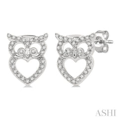 1/6 Ctw Petite Owl Round Cut Diamond Fashion Stud Earring in 10K White Gold