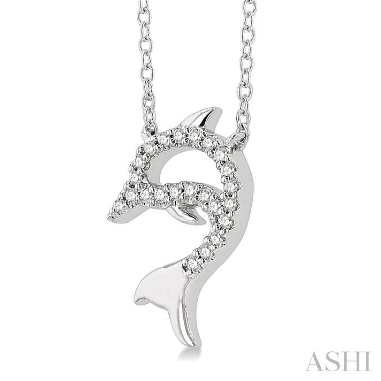 1/20 Ctw Petite Sea Life Dolphin Round Cut Diamond Fashion Pendant With Chain in 10K White Gold