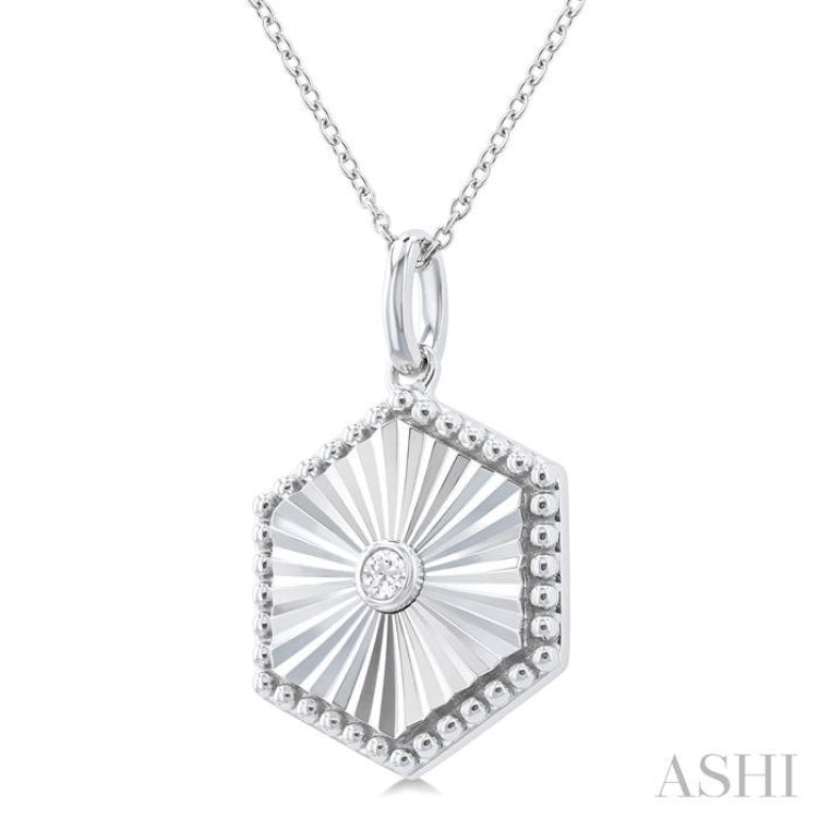 1/20 Ctw Hexagon fluted medallion Round Cut Diamond Pendant With Chain in Sterling Silver