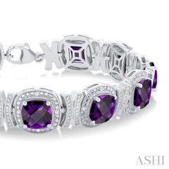 7X7 MM Cushion Shape Amethyst and 1/10 Ctw Round Cut Diamond Semi-Precious Bracelet in Sterling Silver