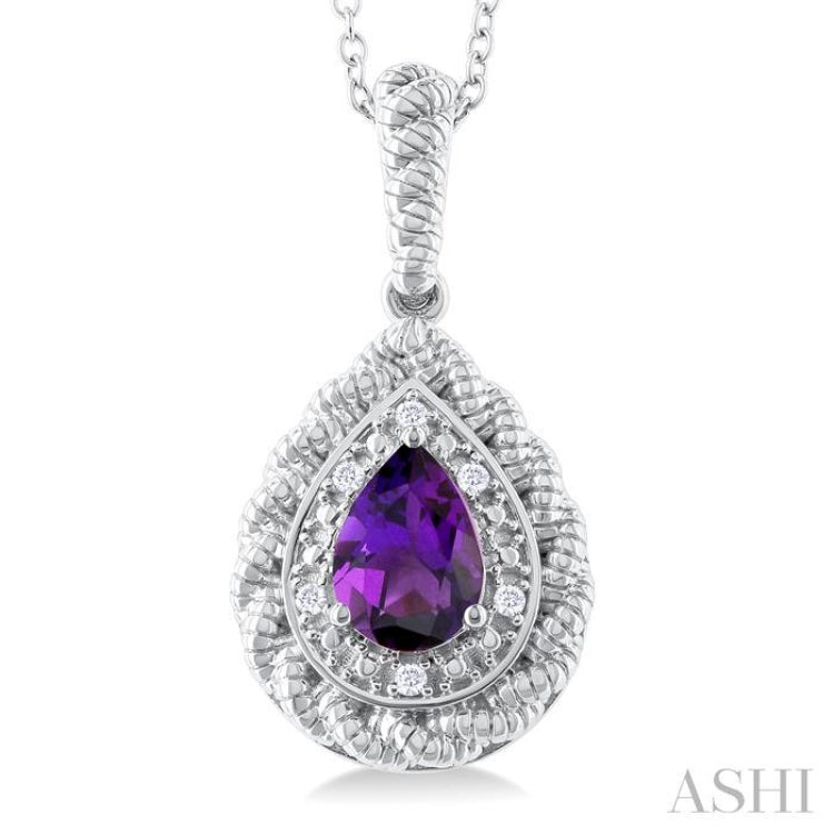 7X5 MM Pear Cut Amethyst and 1/20 Ctw Round Cut Diamond Semi-Precious Pendant With Chain in Sterling Silver