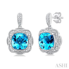 8X8 MM Cushion Shape Blue Topaz and 1/20 Ctw Round Cut Diamond Semi-Precious Earring in Sterling Silver