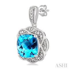 8X8 MM Cushion Shape Blue Topaz and 1/20 Ctw Round Cut Diamond Semi-Precious Earring in Sterling Silver