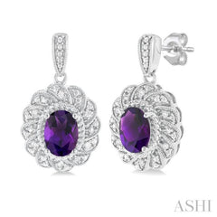 7X5 MM Oval Cut Amethyst and 1/20 Ctw Round Cut Diamond Semi-Precious Earring in Sterling Silver