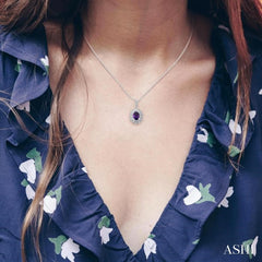 8X6 MM Oval Cut Amethyst and 1/20 Ctw Round Cut Diamond Semi-Precious Pendant With Chain in Sterling Silver