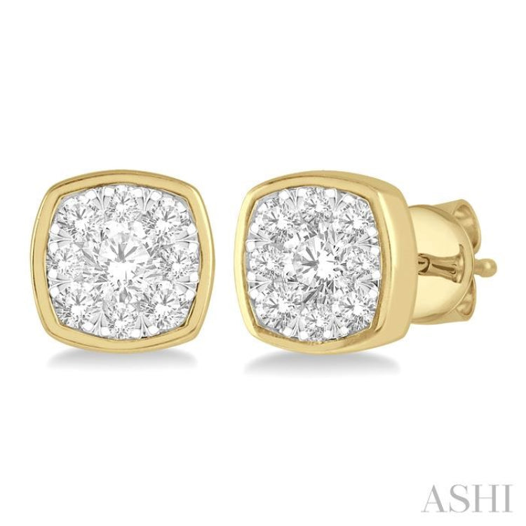 1/3 Ctw Cushion Shape Round Cut Diamond Lovebright Bezel Stud Earring in 14K Yellow and White Gold