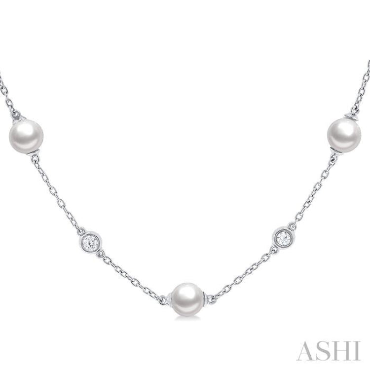 5 MM Round Shape Cultured Pearls and 1/4 Ctw Round Cut Diamond Station Necklace in 14K White Gold