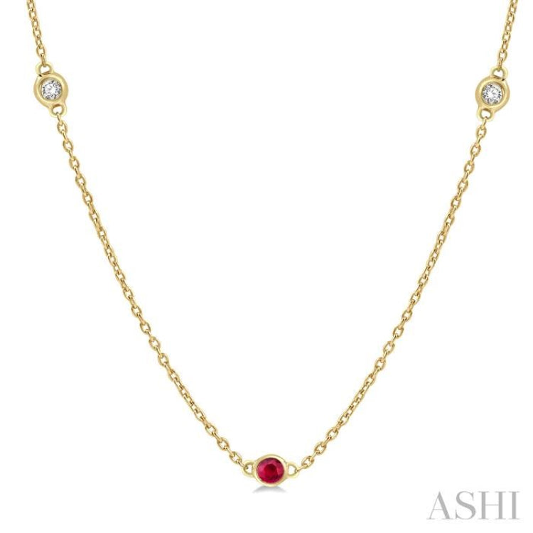 1.75 MM Ruby and 1/6 Ctw Round Cut Diamond Precious Station Necklace in 14K Yellow Gold