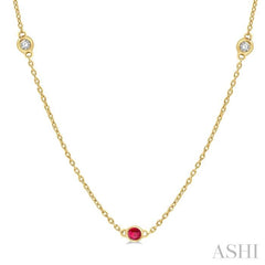 2.25 MM Ruby and 1/4 Ctw Round Cut Diamond Precious Station Necklace in 14K Yellow Gold