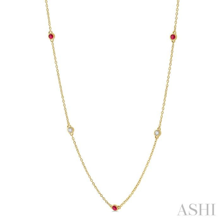 2.6 MM Ruby and 3/8 Ctw Round Cut Diamond Precious Station Necklace in 14K Yellow Gold
