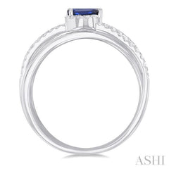 5x3 MM Emerald Shape Sapphire and 1/4 Ctw Single Cut Diamond Double Criss-Cross Lovebright Precious Ring in 10K White Gold
