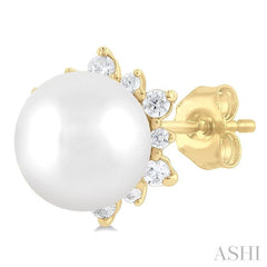 5.50 MM Round Shape Cultured Pearl and 1/6 Ctw Petite Round Cut Diamond Fashion Stud Earring in 10K Yellow Gold