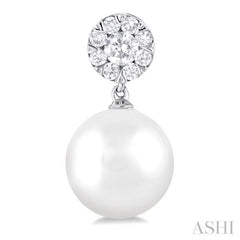 7 MM Cultured White Pearl and 1/4 Ctw Disc Top Lovebright Round Cut Diamond Fashion Earrings in 14K White Gold