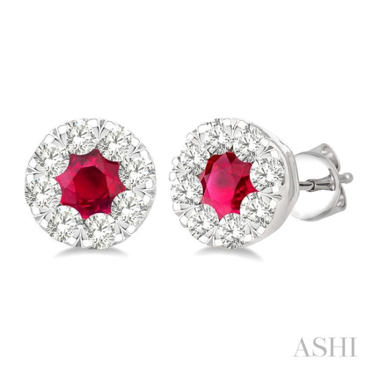 3.3 MM Ruby and 1/2 Ctw Round Cut Diamond Lovebright Precious Stud Earrings in 14K White Gold