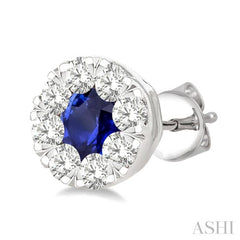 3.3 MM Sapphire and 1/2 Ctw Round Cut Diamond Lovebright Precious Stud Earrings in 14K White Gold