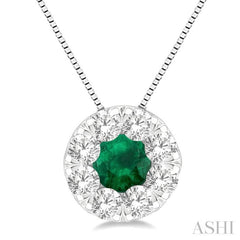 3.8 MM Emerald and 1/3 Ctw Round Cut Lovebright Diamond Precious Pendant With Chain in 14K White Gold