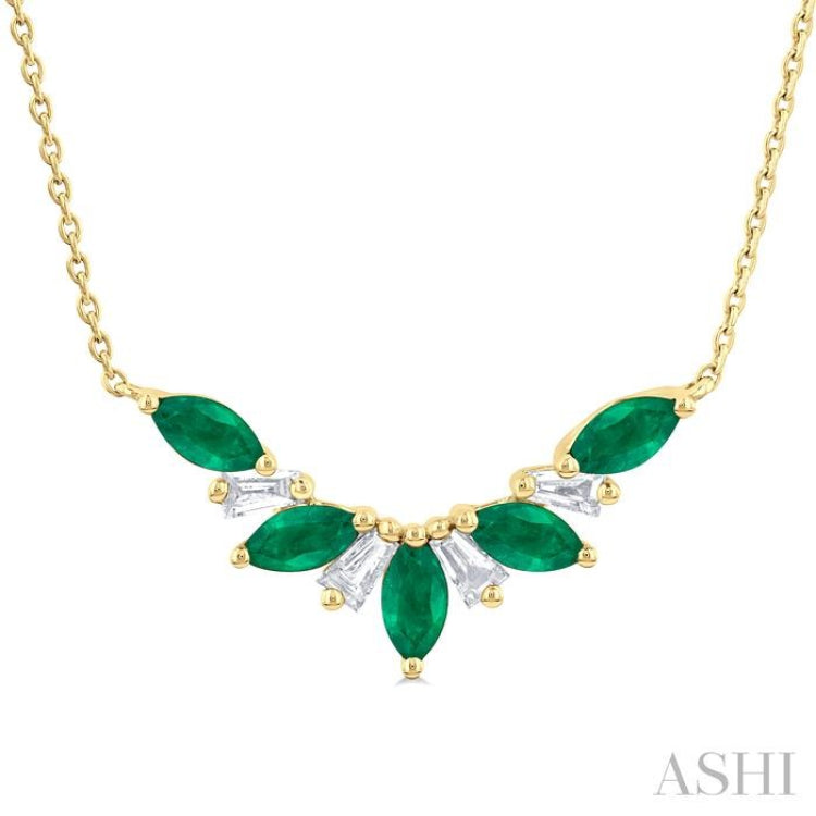 5x2.5 MM Marquise Cut Emerald and 1/6 Ctw Baguette Cut Diamond Precious Gemstone Necklace in 14K Yellow Gold