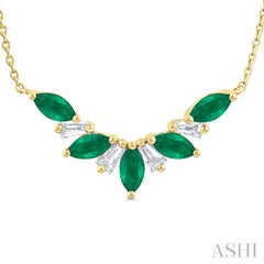 5x2.5 MM Marquise Cut Emerald and 1/6 Ctw Baguette Cut Diamond Precious Gemstone Necklace in 14K Yellow Gold