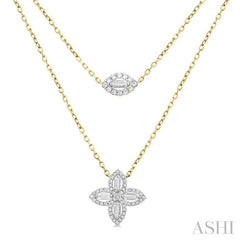 1/2 Ctw Floral Baguette and Round Cut Diamond Layered Fashion Necklace in 14K Yellow Gold