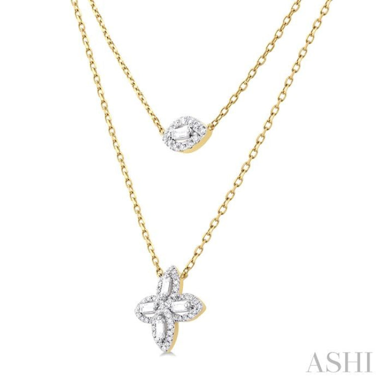 1/2 Ctw Floral Baguette and Round Cut Diamond Layered Fashion Necklace in 14K Yellow Gold