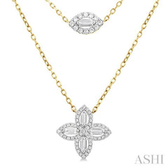 1/2 Ctw Floral Baguette and Round Cut Diamond Layered Fashion Necklace in 14K Yellow Gold