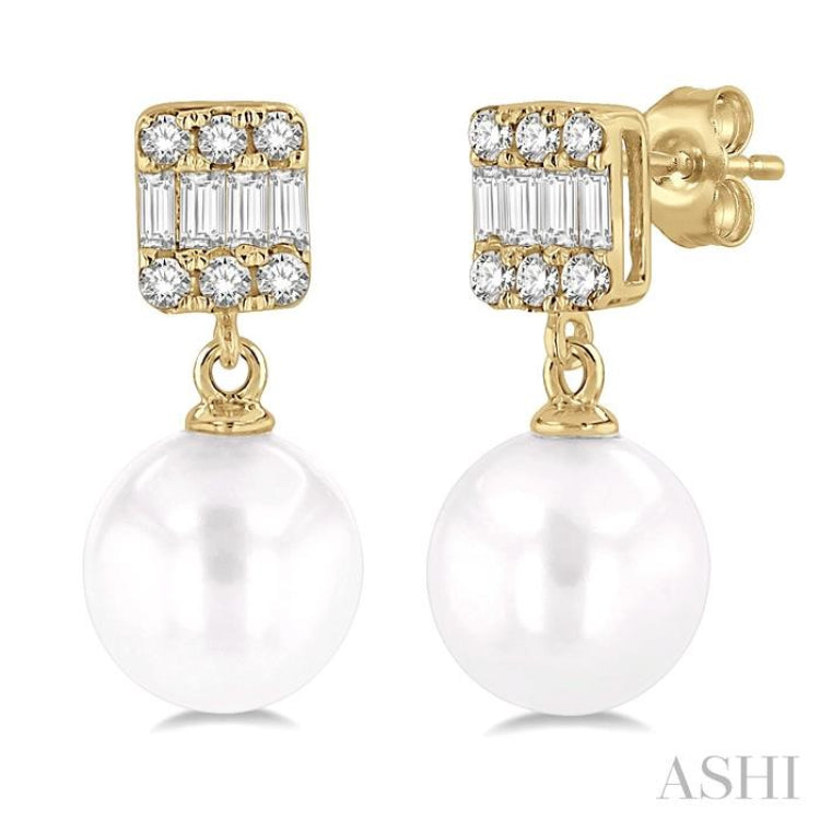 6 MM Cultured Pearls and 1/10 Ctw Baguette and Single Cut Diamond Earrings in 10K Yellow Gold