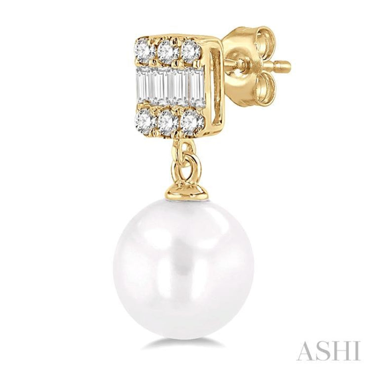 6 MM Cultured Pearls and 1/10 Ctw Baguette and Single Cut Diamond Earrings in 10K Yellow Gold