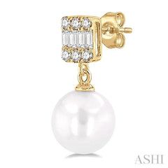 6 MM Cultured Pearls and 1/10 Ctw Baguette and Single Cut Diamond Earrings in 10K Yellow Gold