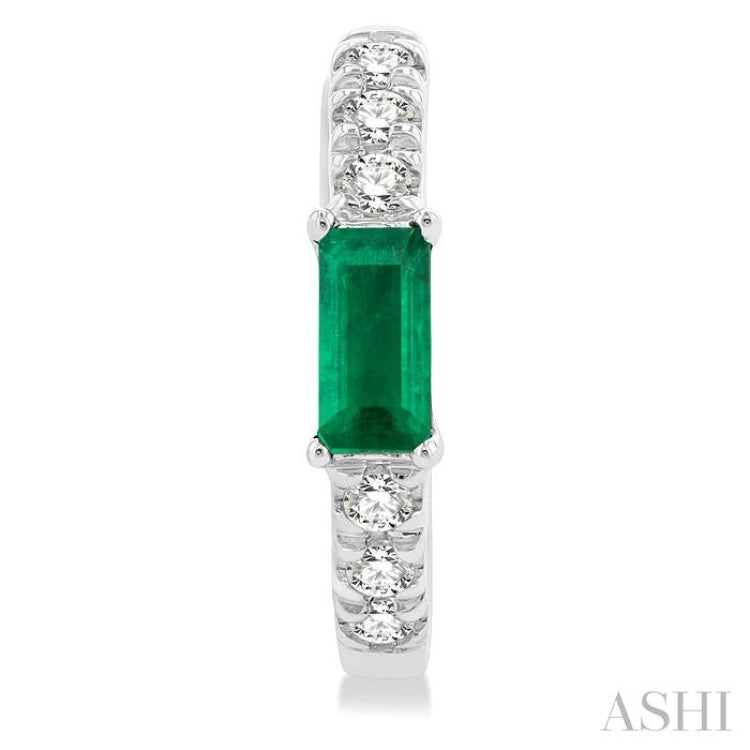 4X2 MM Baguette Cut Emerald and 1/8 Ctw Petite Round Cut Diamond Fashion Huggies in 10K White Gold