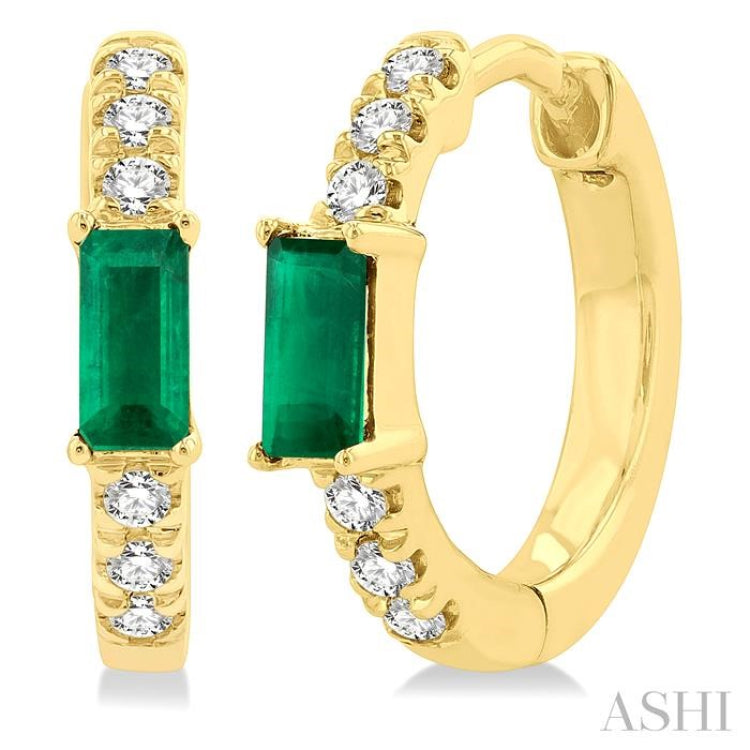 4X2 MM Baguette Cut Emerald and 1/8 Ctw Petite Round Cut Diamond Fashion Huggies in 10K Yellow Gold