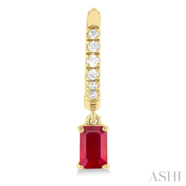 5x3 MM Emerald Cut Drop Ruby and 1/8 Ctw Petite Round Cut Diamond Precious Fashion Huggies in 10K Yellow Gold