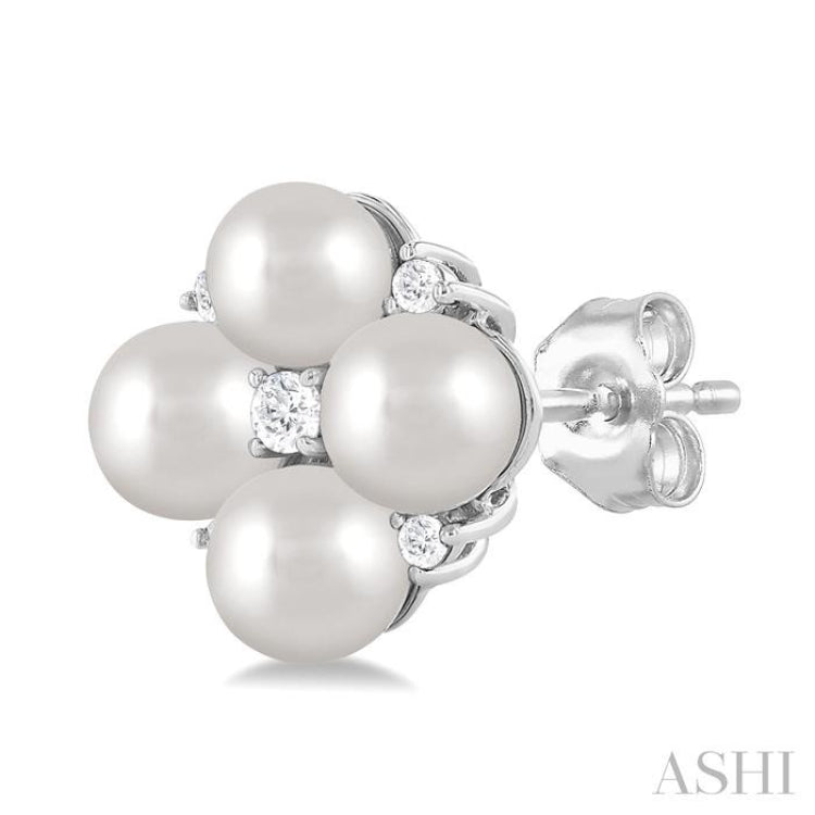 4 MM Round Shape Floral Cultured Pearls and 1/10 Ctw Round Cut Diamond Fashion Stud Earring in 10K White Gold