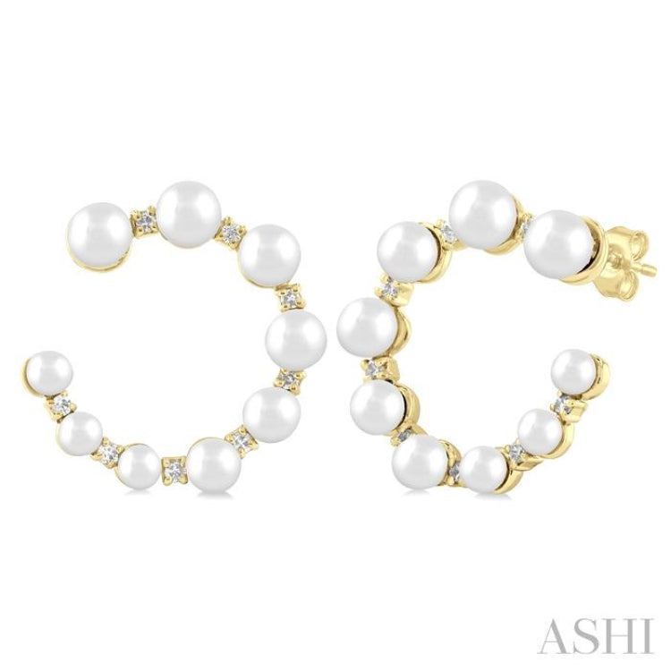 2.8 - 4.5 MM Round Shape Cultured Pearls and 1/5 Ctw Graduated Round Cut Diamond Half Hoop Earring in 14K Yellow Gold