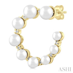 2.8 - 4.5 MM Round Shape Cultured Pearls and 1/5 Ctw Graduated Round Cut Diamond Half Hoop Earring in 14K Yellow Gold