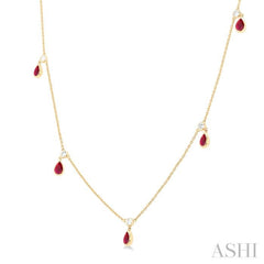 5x3 MM Pear Shape Ruby and 1/4 Ctw Round Cut Diamonds Precious Station Necklace in 14K Yellow Gold
