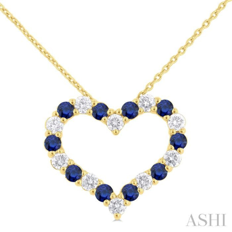 2.3 MM Round Cut Sapphire and 1/2 Ctw Open Heart Round Cut Diamond Precious Fashion Pendant With Chain in 14K Yellow Gold