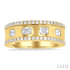 5/8 Ctw Wide 4-Stone Emerald & Round Cut Diamond Fashion Band in 14K Yellow Gold