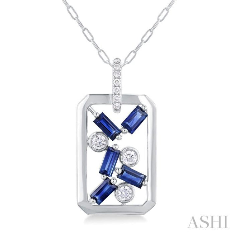4x2 MM Scatter Baguette Cut Sapphire and 1/6 Ctw Round Cut Diamond Precious Fashion Pendant With Chain in 14K White Gold