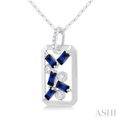 4x2 MM Scatter Baguette Cut Sapphire and 1/6 Ctw Round Cut Diamond Precious Fashion Pendant With Chain in 14K White Gold