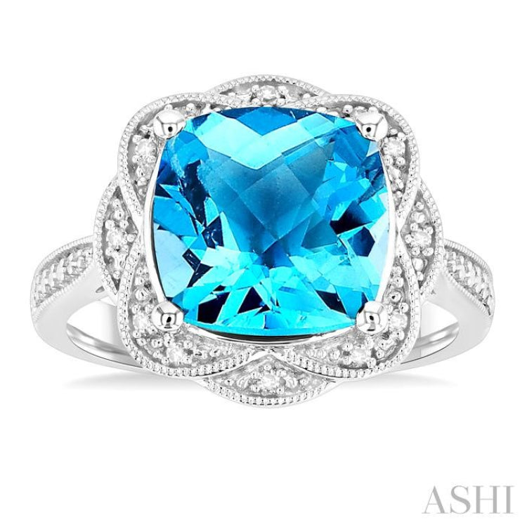 10X10 MM Cushion Shape Blue Topaz and 1/20 Ctw Round Cut Diamond Semi-Precious Ring in Sterling Silver