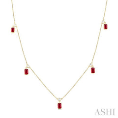 5x3 MM Octagonal Shape Ruby and 1/4 Ctw Round Cut Diamonds Precious Station Necklace in 14K Yellow Gold