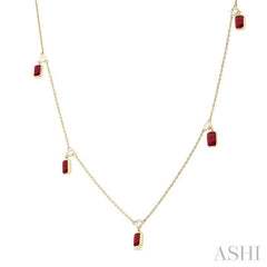 5x3 MM Octagonal Shape Ruby and 1/4 Ctw Round Cut Diamonds Precious Station Necklace in 14K Yellow Gold